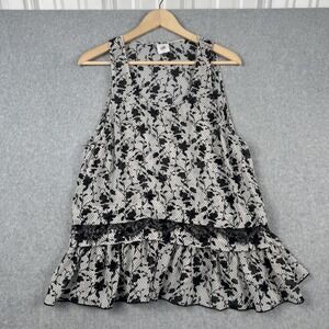 Cabi Tank Top Womens L Black White Floral Sheer Tiered Ruffle Lace Whimsigoth